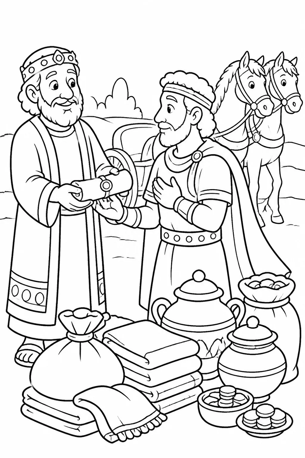 Naaman prepares to travel to Israel with the king of Aram’s letter, horses or chariots, silver, gold, and changes of clothing.