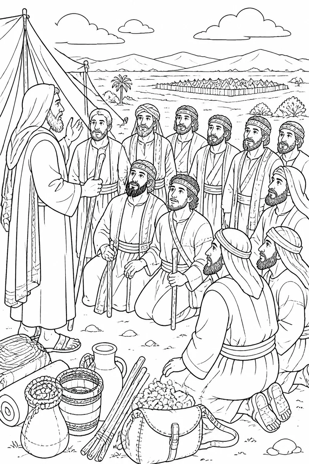 Moses gives instructions to twelve Israelite tribal leaders, including Joshua and Caleb, in a wilderness camp before they explore Canaan.