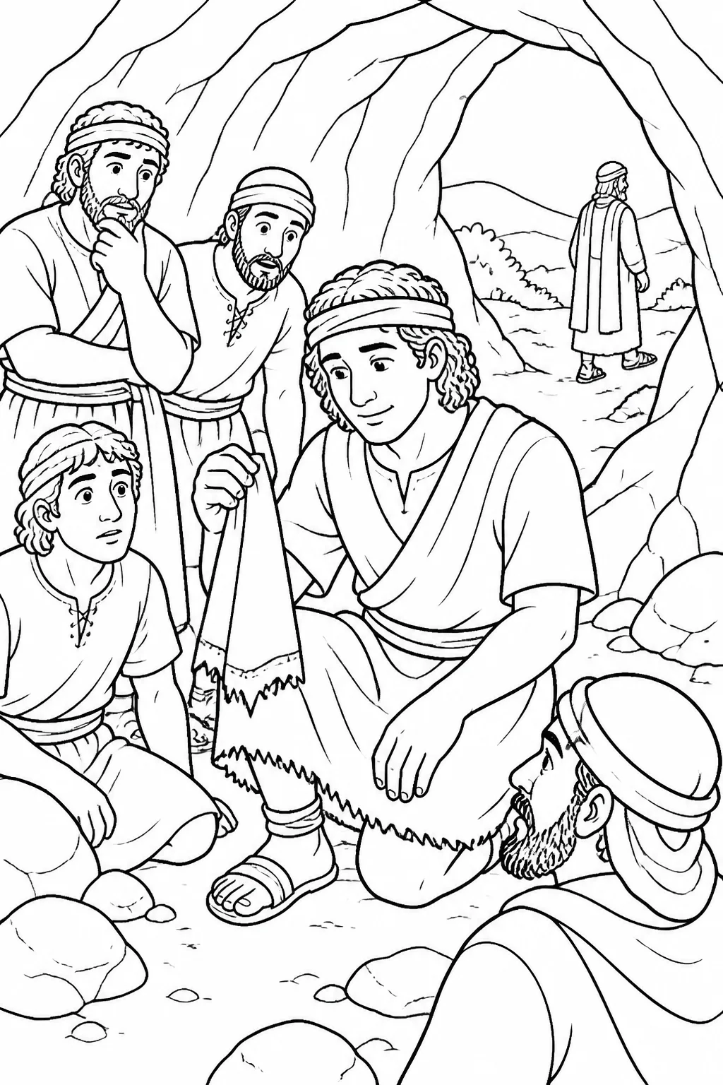 David holds the cut corner of Saul’s robe inside a cave while David’s men look on, illustrating David’s mercy and self-control.