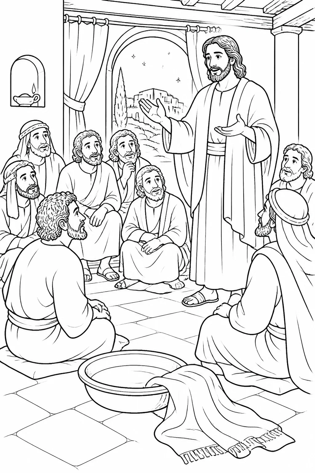 Jesus standing in his outer garments and teaching the disciples after washing their feet, with a towel and basin nearby.