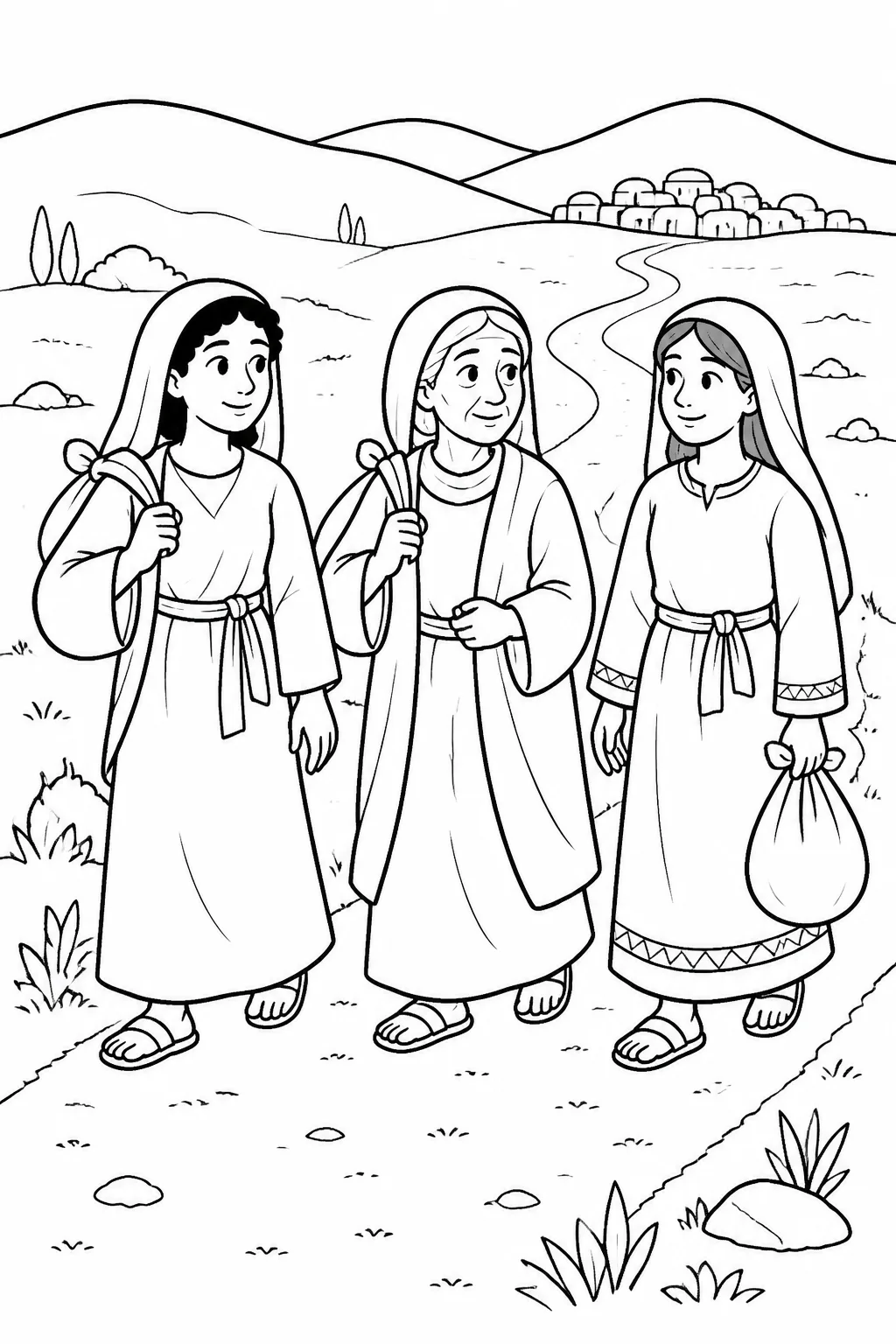 Naomi, Ruth, and Orpah walking with simple travel bundles along a road from Moab toward Bethlehem, based on Ruth 1:6–7.