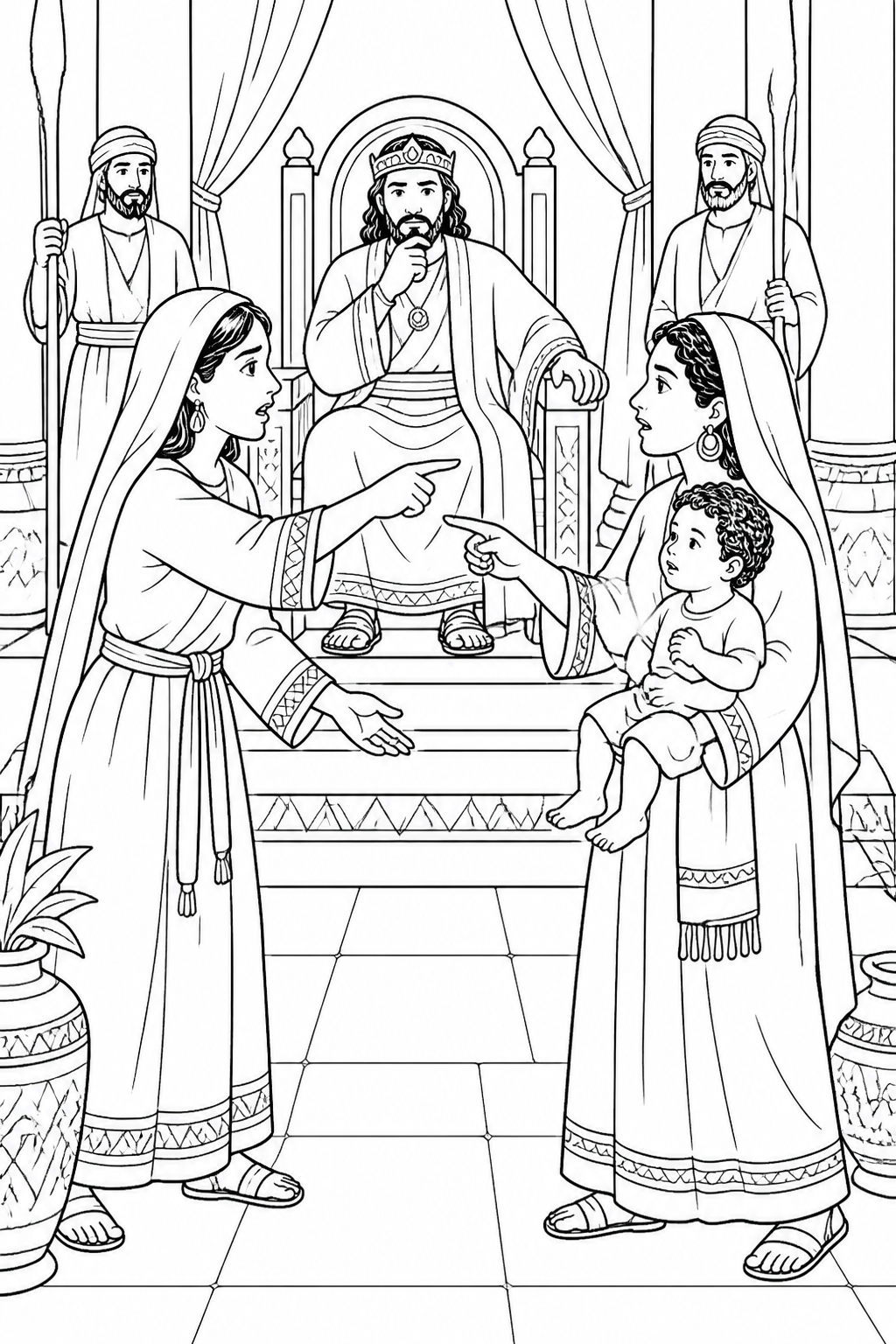 A Difficult Dispute Comes Before Solomon from Solomon Asks for Wisdom Bible coloring page