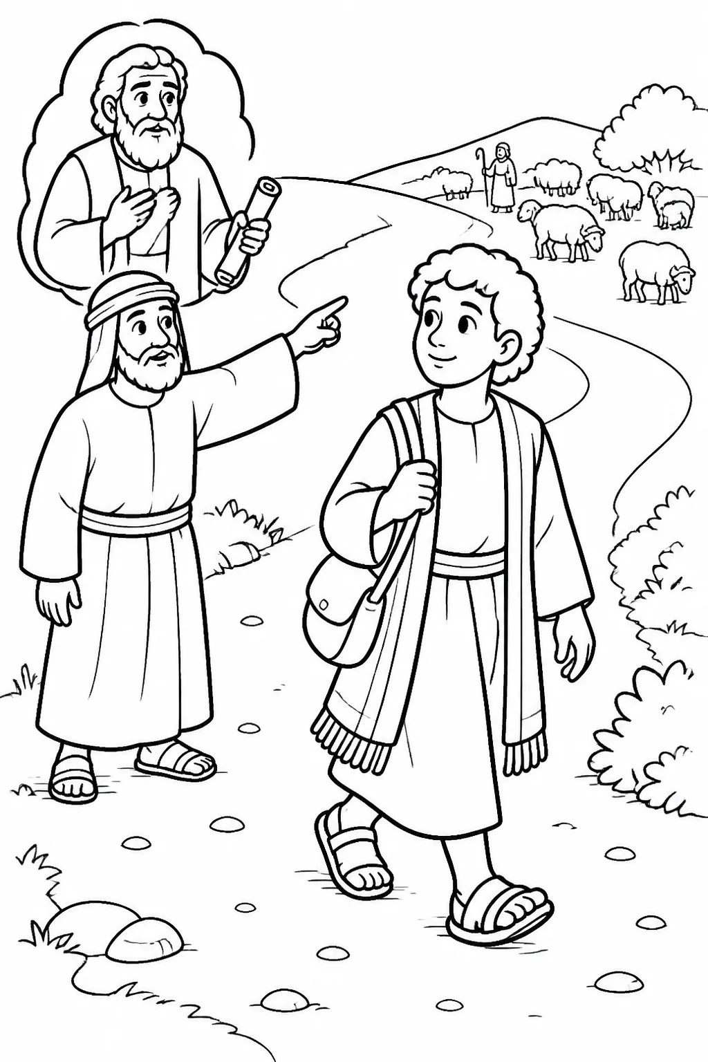 Joseph walking along a countryside path toward Dothan after an unnamed man directs him while he searches for his brothers and their flock.