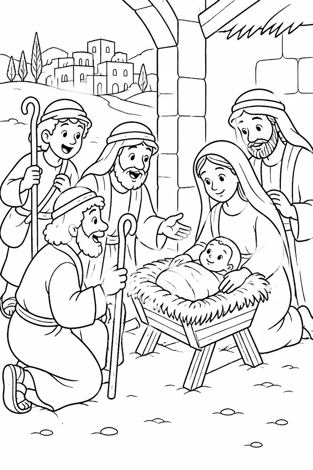 Shepherds arriving in Bethlehem to see Mary, Joseph, and baby Jesus lying in a manger.