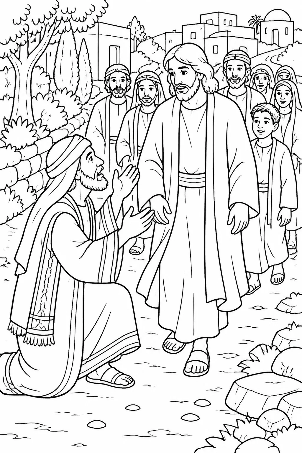 Jairus, a synagogue leader, asks Jesus to come because his twelve-year-old daughter is near death, while Jesus and the crowd begin traveling toward Jairus’s house.