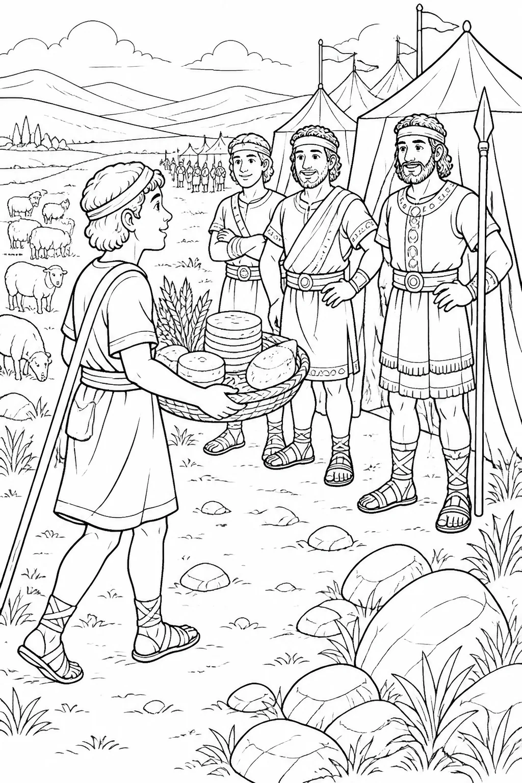 David carries grain, ten loaves of bread, and ten cheeses from Bethlehem to his three eldest brothers serving in Saul’s army while David’s sheep are nearby.