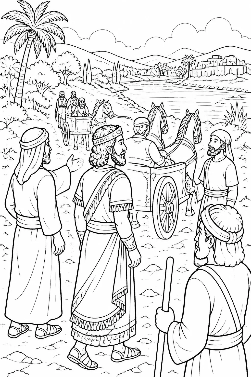 Naaman and his attendants travel with horses and chariots toward the Jordan River after receiving Elisha’s instruction through a messenger.