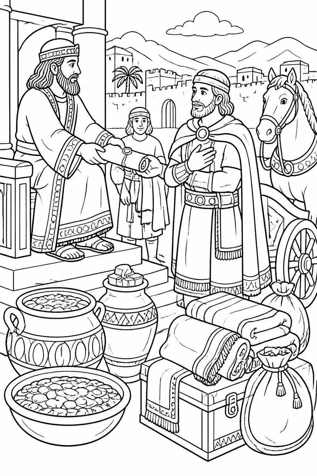 Naaman prepares to travel to Israel with the king of Aram’s letter, horses or chariots, silver, gold, and changes of clothing.