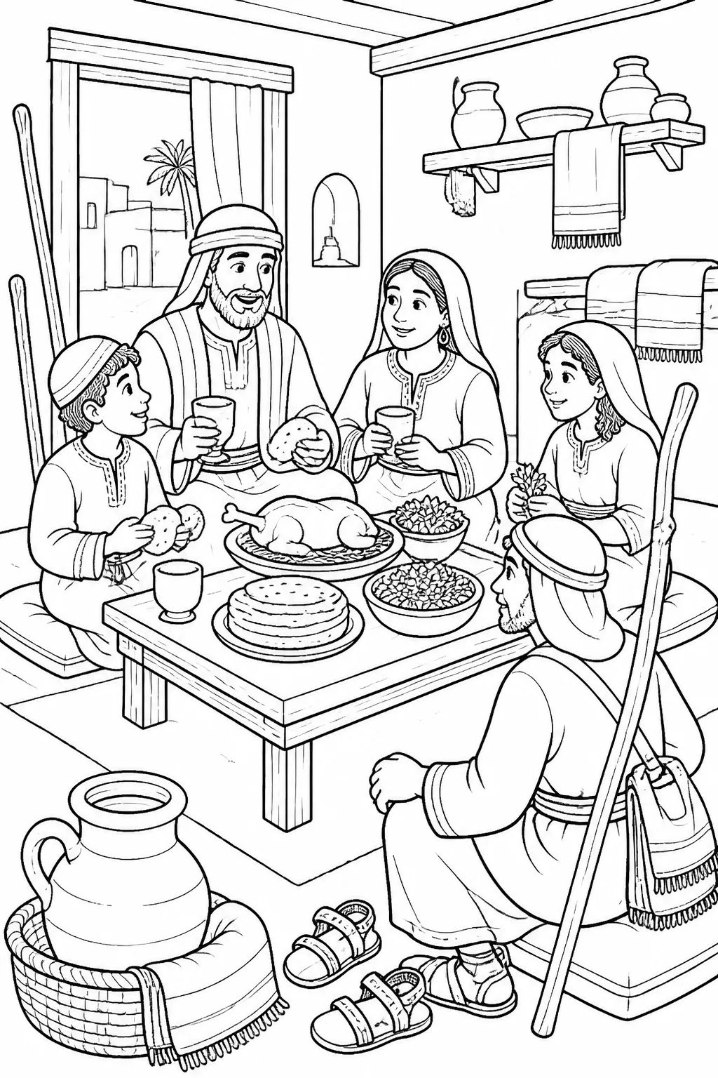 An Israelite household inside a home in Egypt shares roasted meat, unleavened bread, and bitter herbs while dressed with sandals and staffs, ready for the Passover.