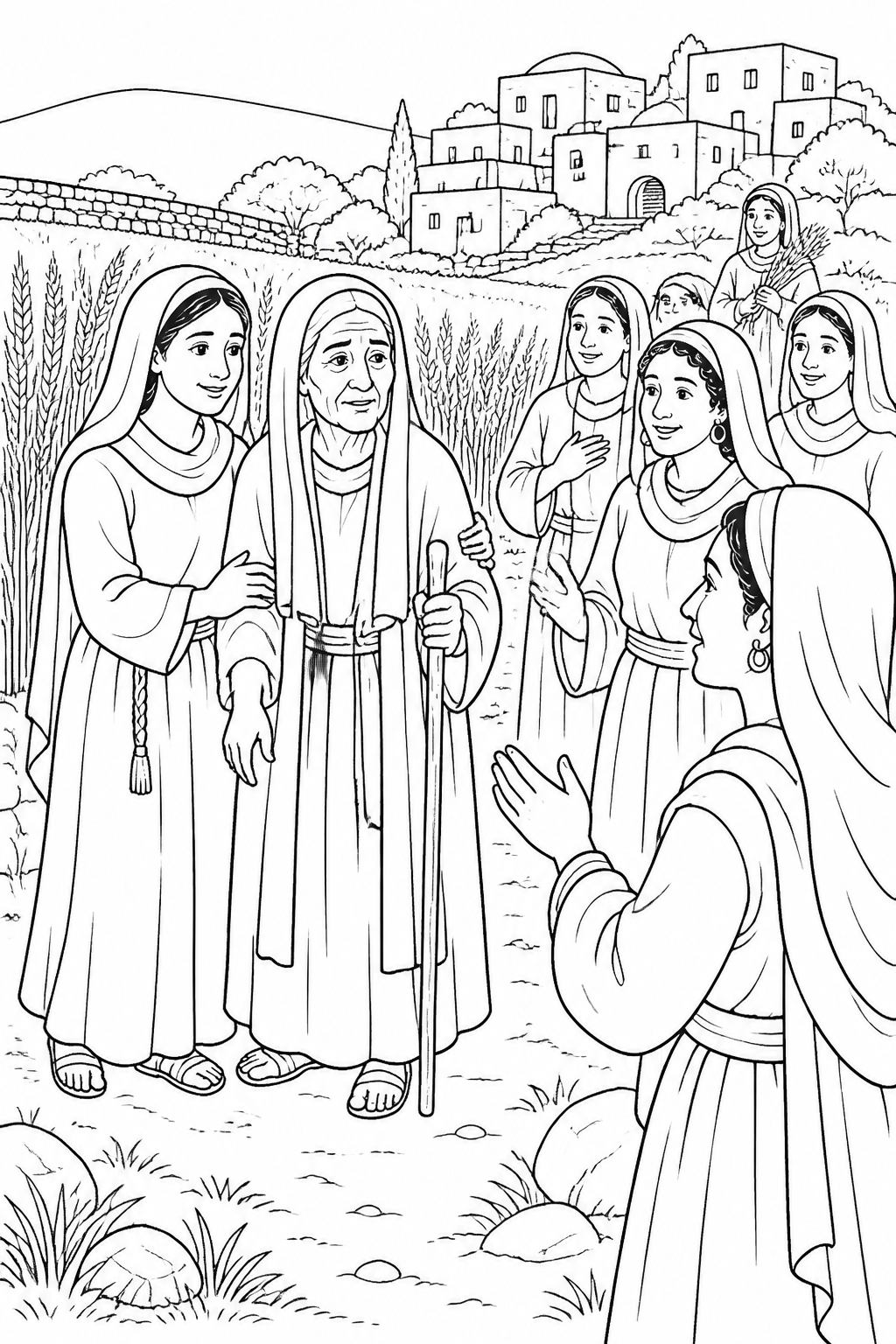 The Town Notices Them from Ruth Stays with Naomi Bible coloring page