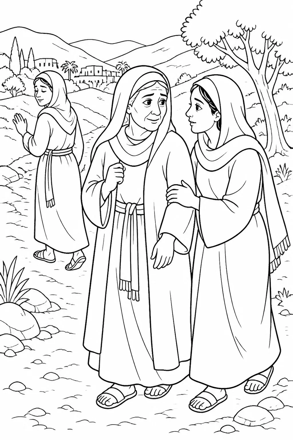 Ruth stays beside Naomi on the road from Moab to Bethlehem while Orpah says goodbye and turns back, based on Ruth 1:14–18.