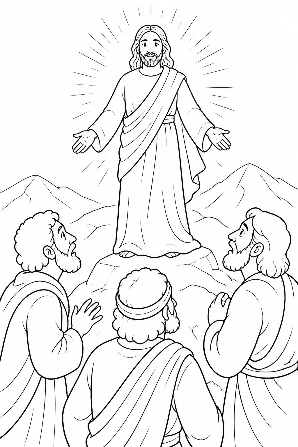 Jesus on a high mountain with his face shining like the sun and clothing white as light before Peter, James, and John.