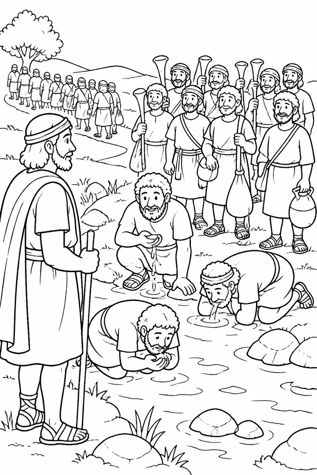 Gideon watches men drink at the spring of Harod as some soldiers depart and the chosen 300 remain with provisions and trumpets.