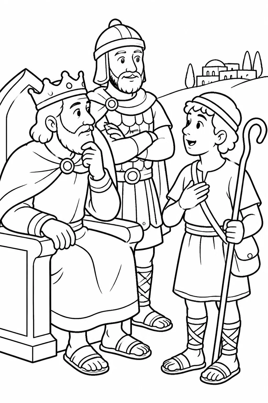 David stands before Saul with Abner present as Saul asks about David’s family, and David identifies himself as Jesse’s son from Bethlehem.