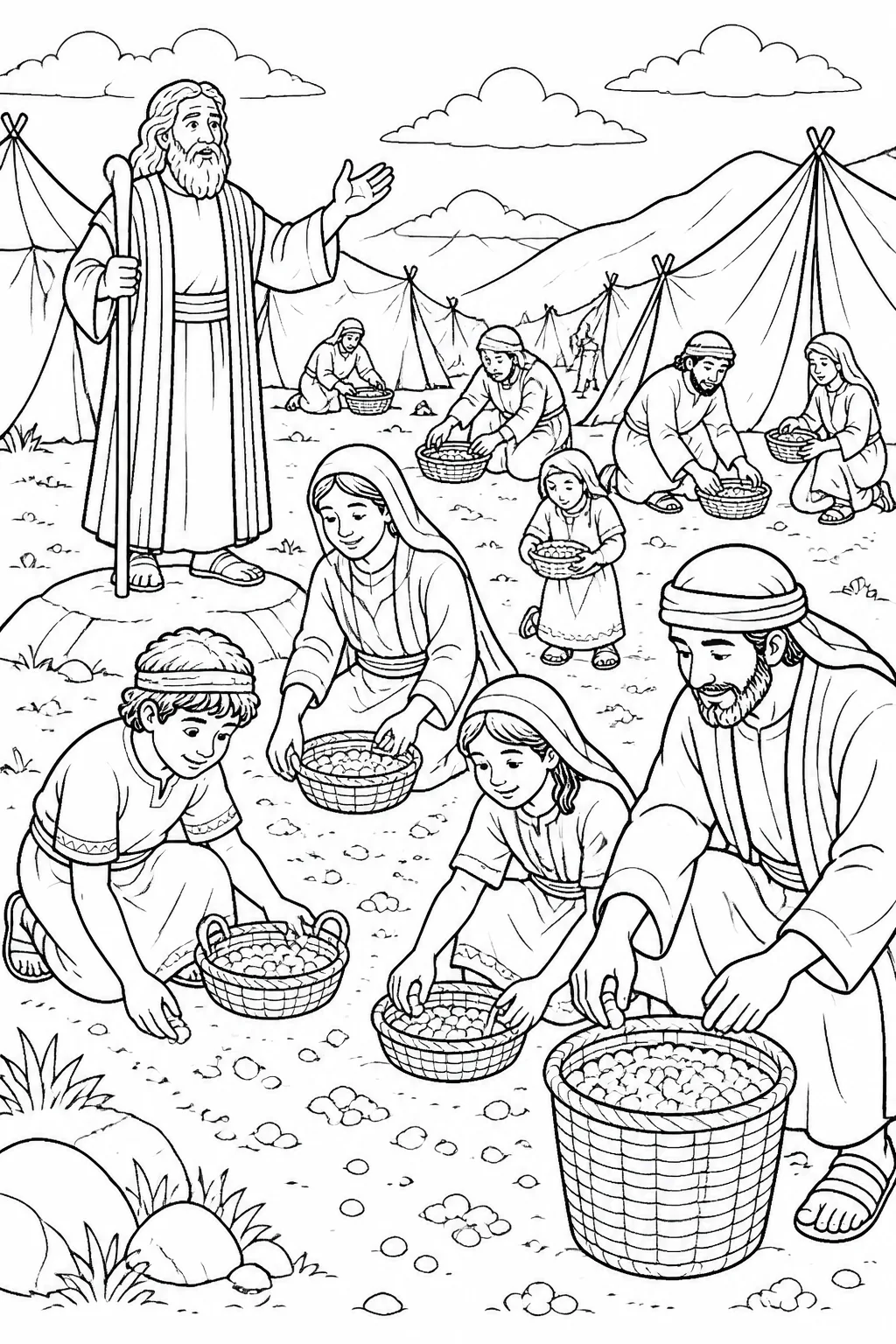 Moses gives instructions while Israelites gather manna in containers around their tents.