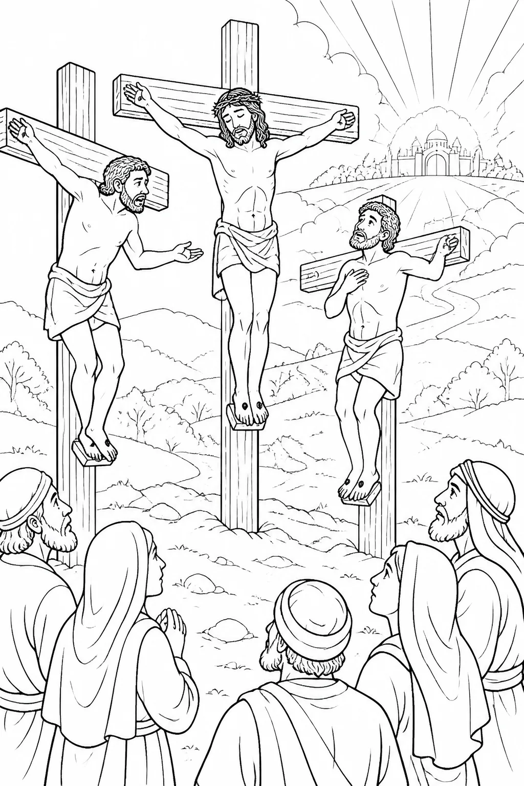 Jesus between two unnamed criminals at the crucifixion, with one asking Jesus to remember him and a peaceful symbolic representation of paradise.