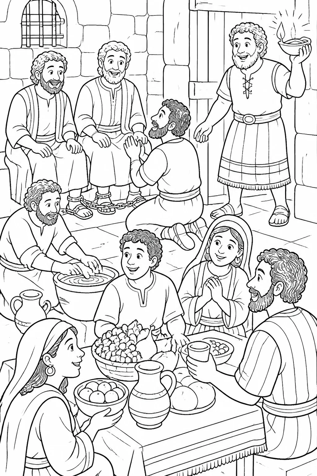 Paul and Silas with the jailer and members of his household, with lights, water for washing wounds, and food during the jailer’s joyful welcome.