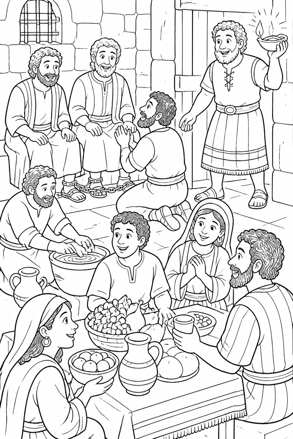 The Jailer Cares for His Guests from Paul and Silas Sing in Prison Bible coloring page
