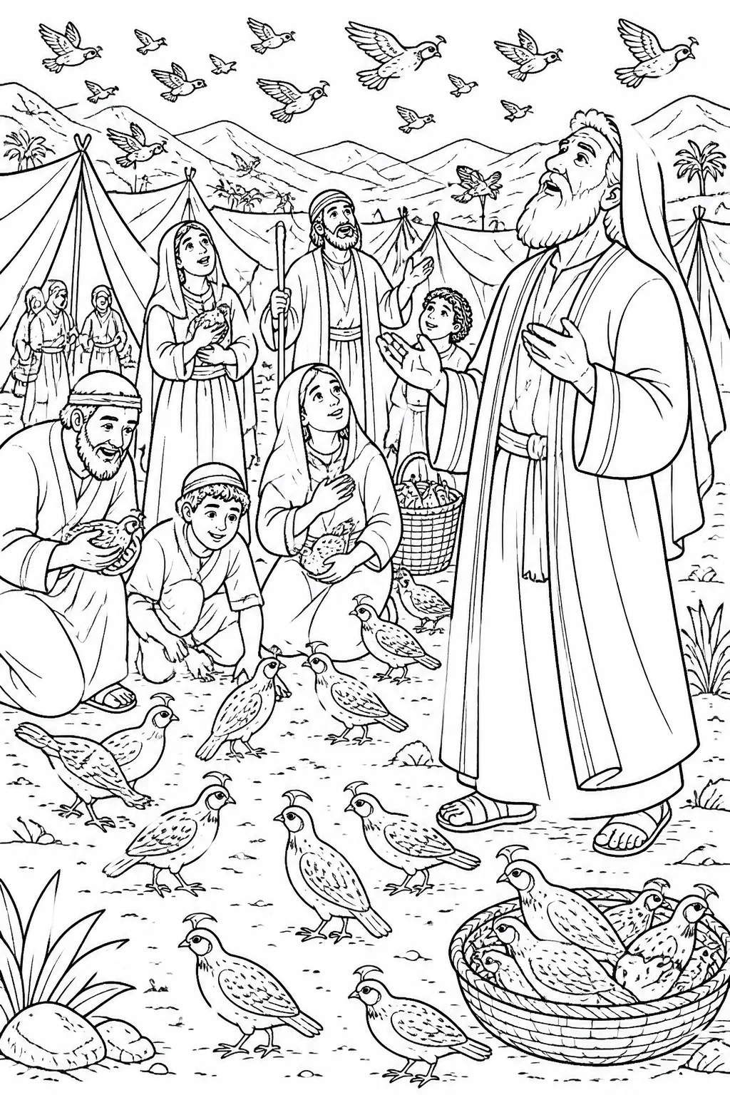 Moses and the Israelites observe quail covering the camp near their tents in the evening, based on Exodus 16:13.