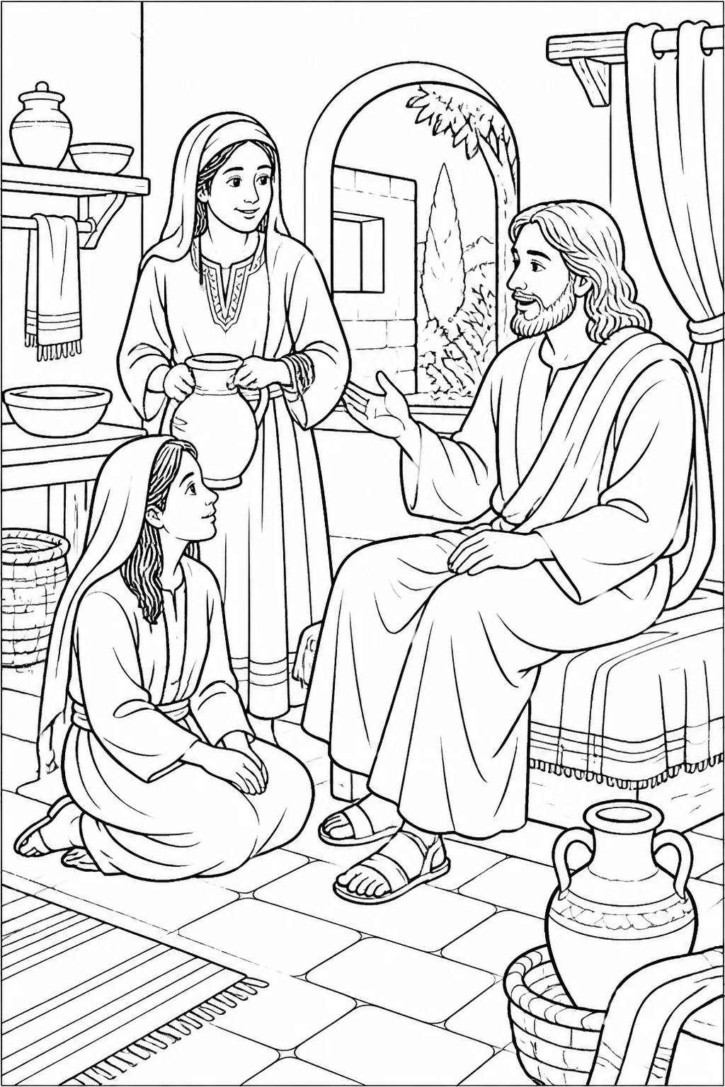 Jesus speaks in Martha’s home while Mary sits at his feet listening and Martha remains nearby, representing Mary choosing the good portion.