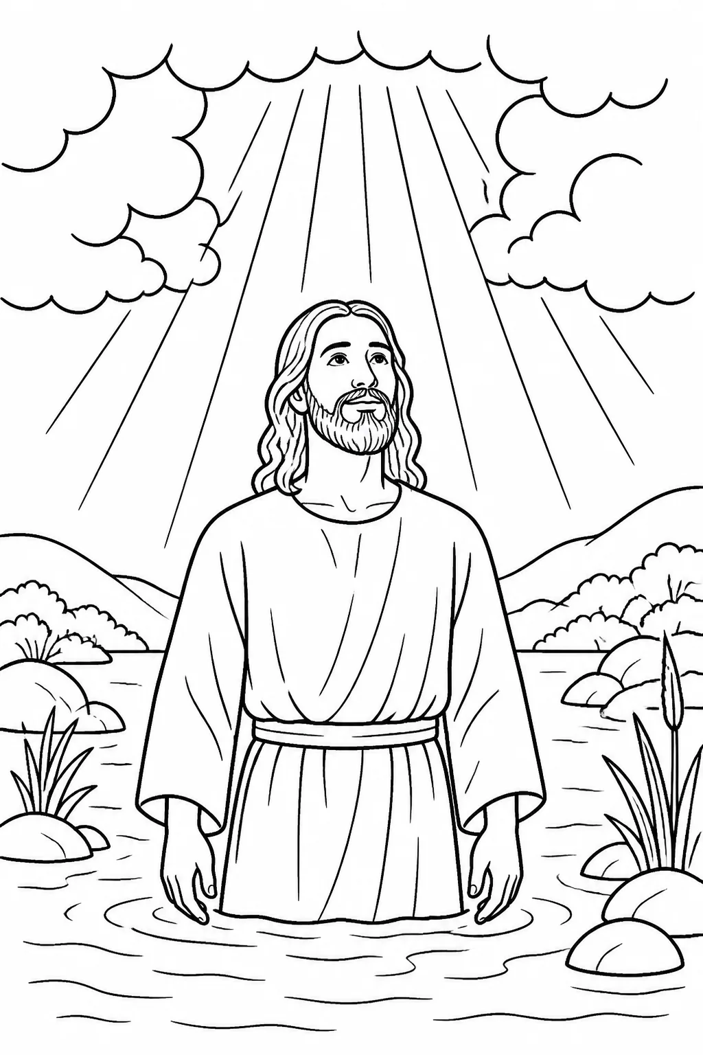 Jesus beneath the opened heavens after baptism, with a voice from heaven declaring him God’s beloved Son.