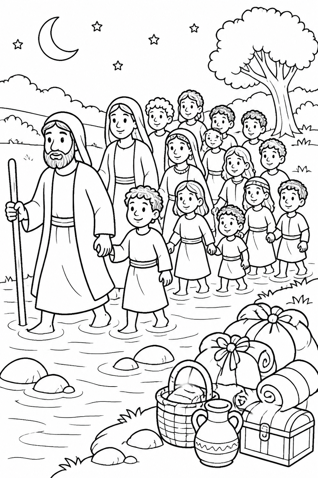 Crossing the Jabbok at Night from Jacob Wrestles at Peniel Bible coloring page