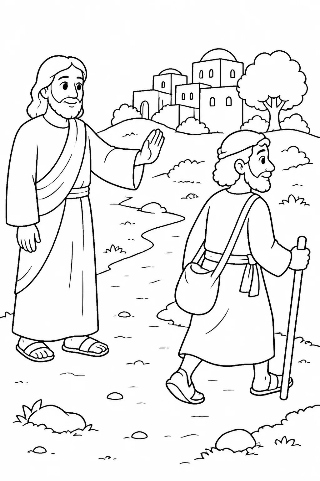 Jesus sends the man who now sees clearly toward home while the village remains behind him, illustrating Mark 8:26.