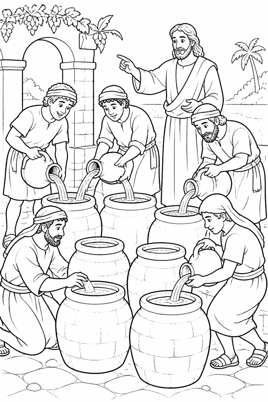 Jesus directs several servants to fill six large stone purification jars with water at a wedding setting in Cana.