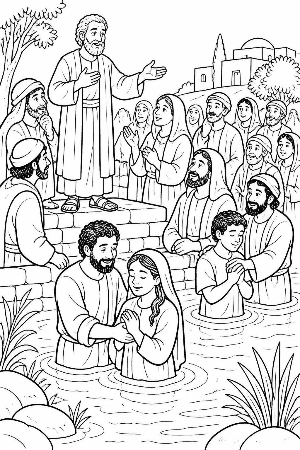 Peter speaks with listeners near water while people are baptized and other believers welcome them, representing Acts 2:37–41.