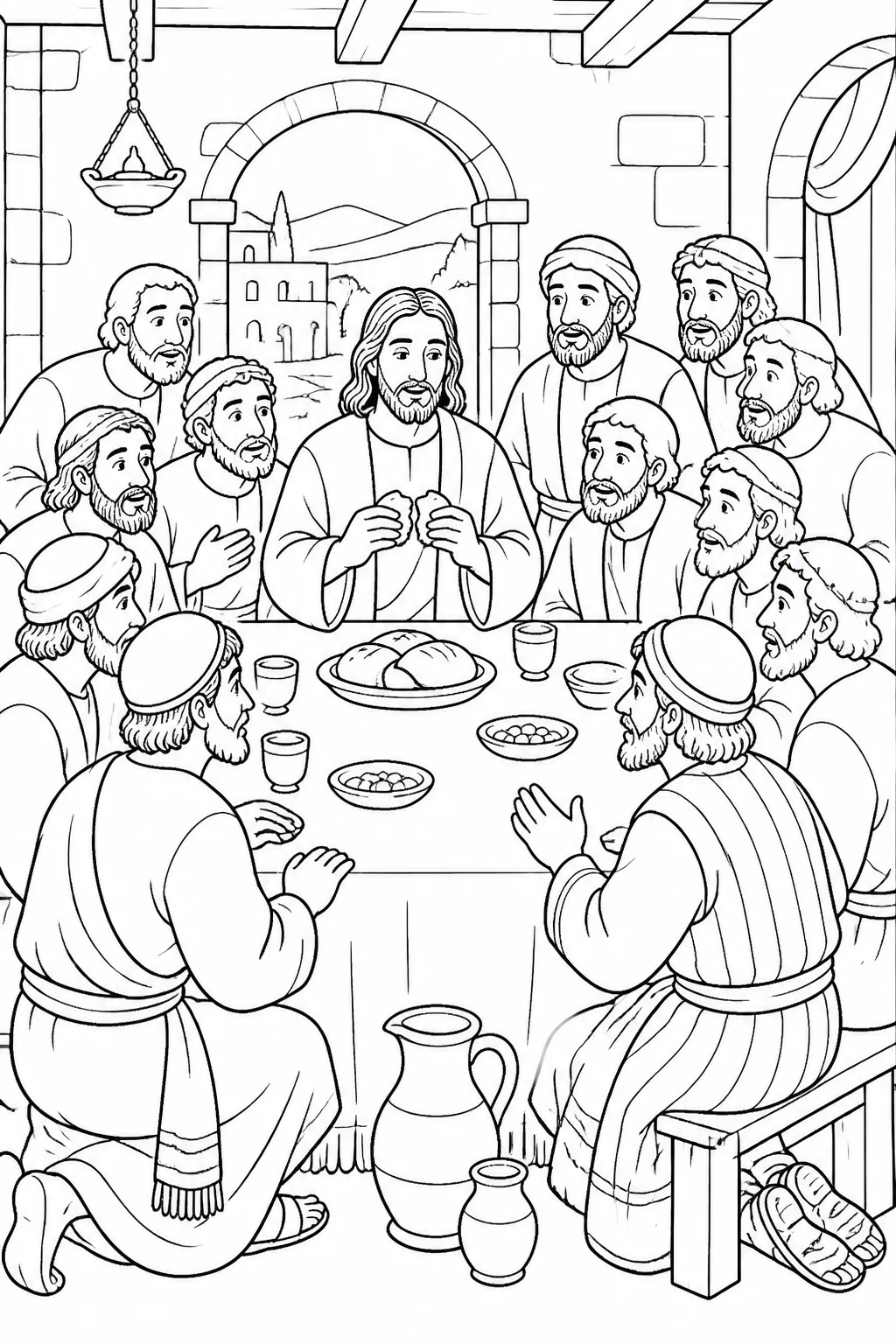 Jesus gives thanks, breaks bread, and gives it to the apostles at the Passover table, telling them to remember him.