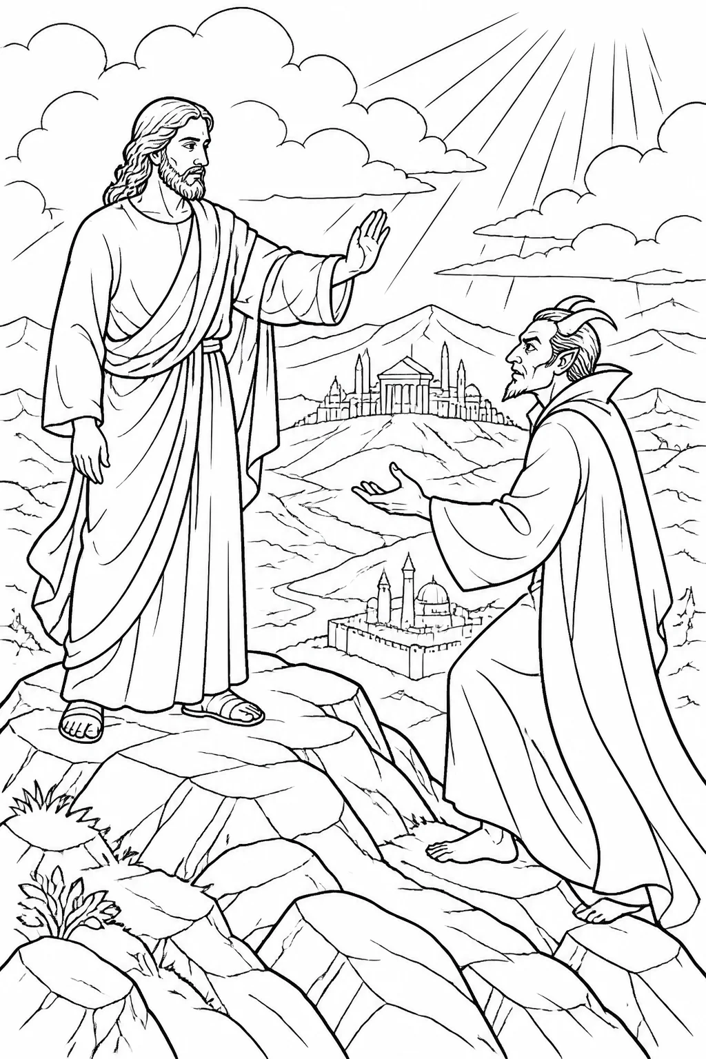 Jesus faces the devil on a very high mountain while distant abstract views suggest the kingdoms of the world and their glory; Jesus refuses the offered power and commands the devil to go.