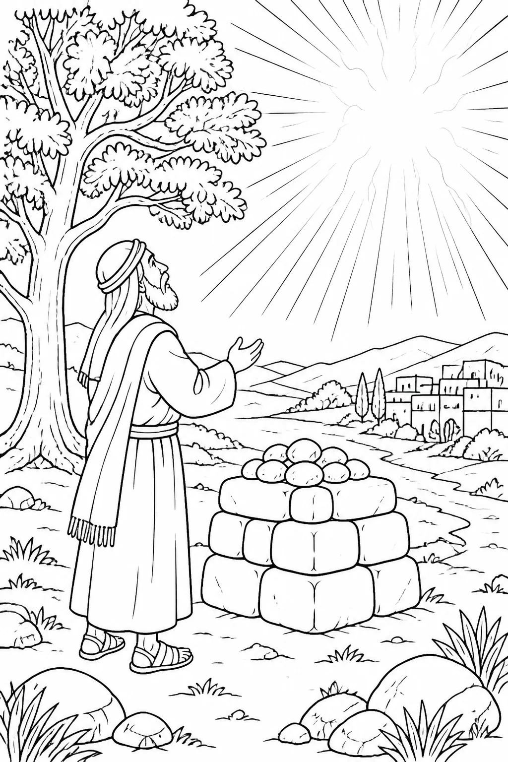 Abram beside an altar at Shechem near the oak of Moreh as a radiant light represents the LORD’s appearance and promise about the land.