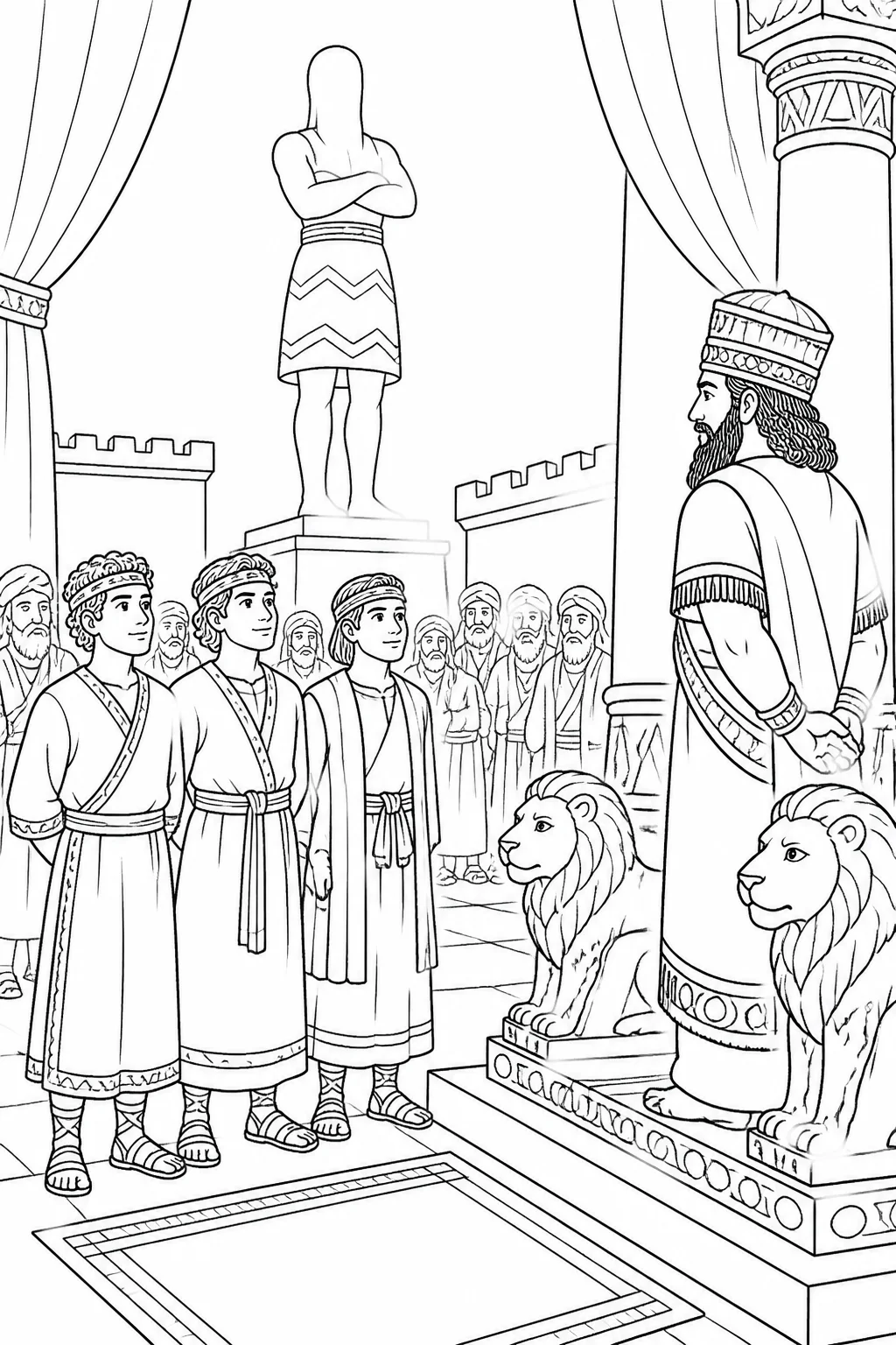 Shadrach, Meshach, and Abednego standing together before Nebuchadnezzar, a large gold statue, and a royal gathering in Daniel 3.