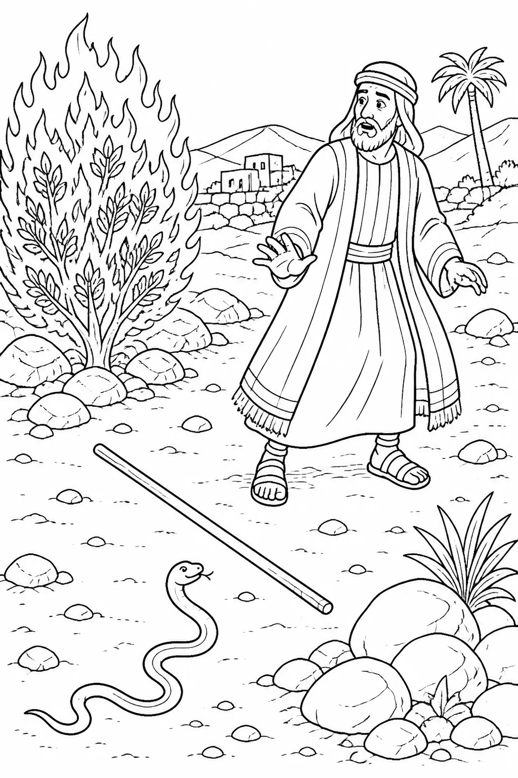 Moses listens to God near the burning bush as his staff, placed on the ground, becomes a snake.