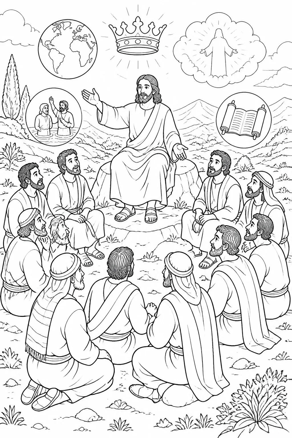 Jesus teaching the eleven disciples on a mountain in Galilee about making disciples of all nations, baptism, teaching obedience, and his continuing presence.