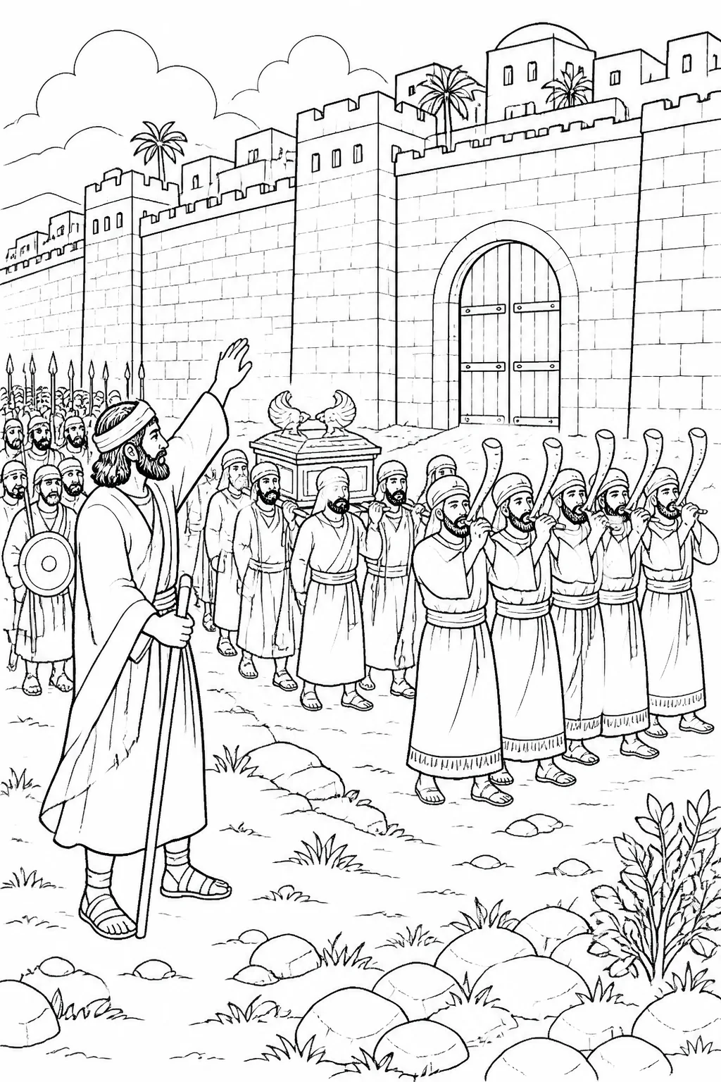 Joshua leads Israel’s organized procession before Jericho’s closed city, with armed men, seven priests carrying trumpets, the ark of the covenant, and a rear guard.