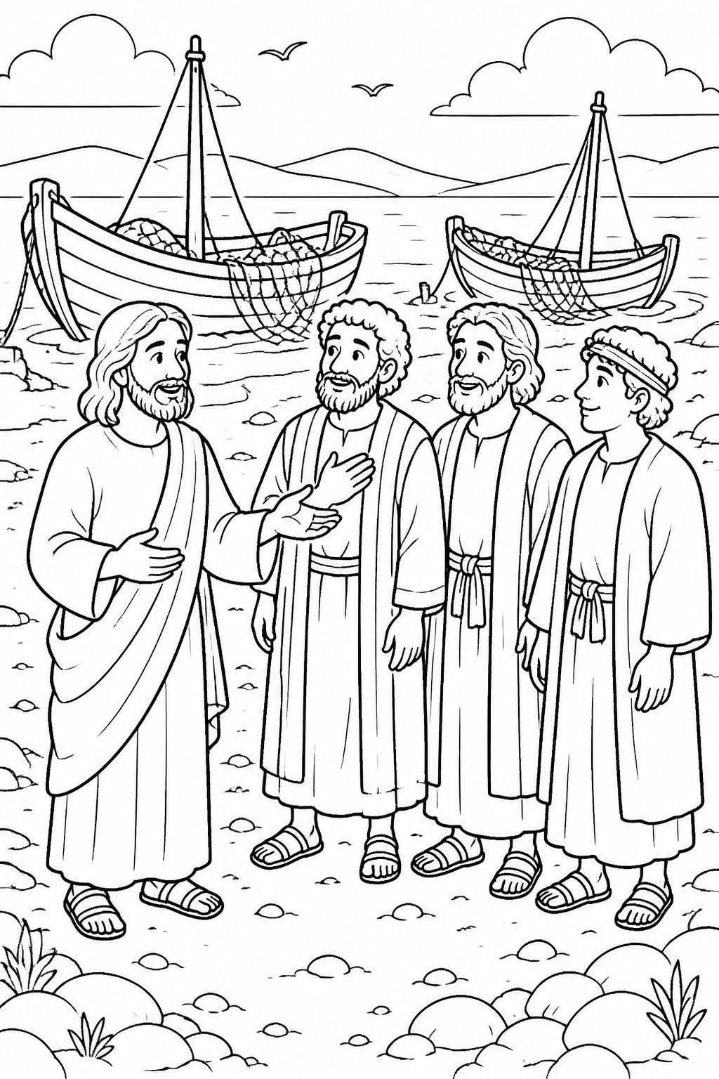 Following Jesus from the Shore from The Miraculous Catch of Fish Bible coloring page