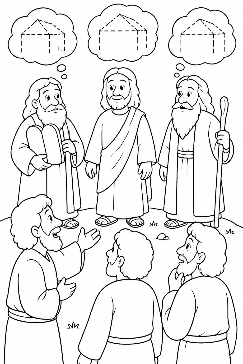 Jesus, Moses, Elijah, Peter, James, and John on a high mountain as Peter offers three proposed shelters during the Transfiguration.