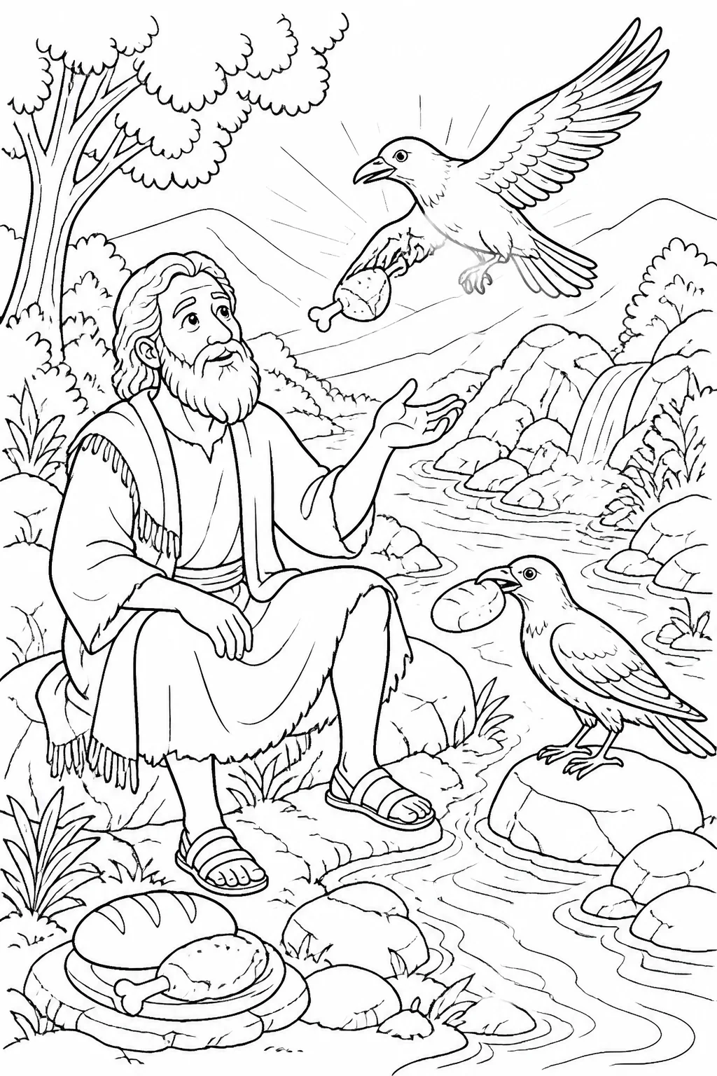 Elijah beside the Brook Cherith as ravens bring him bread and meat, with water nearby, based on 1 Kings 17:5–6.