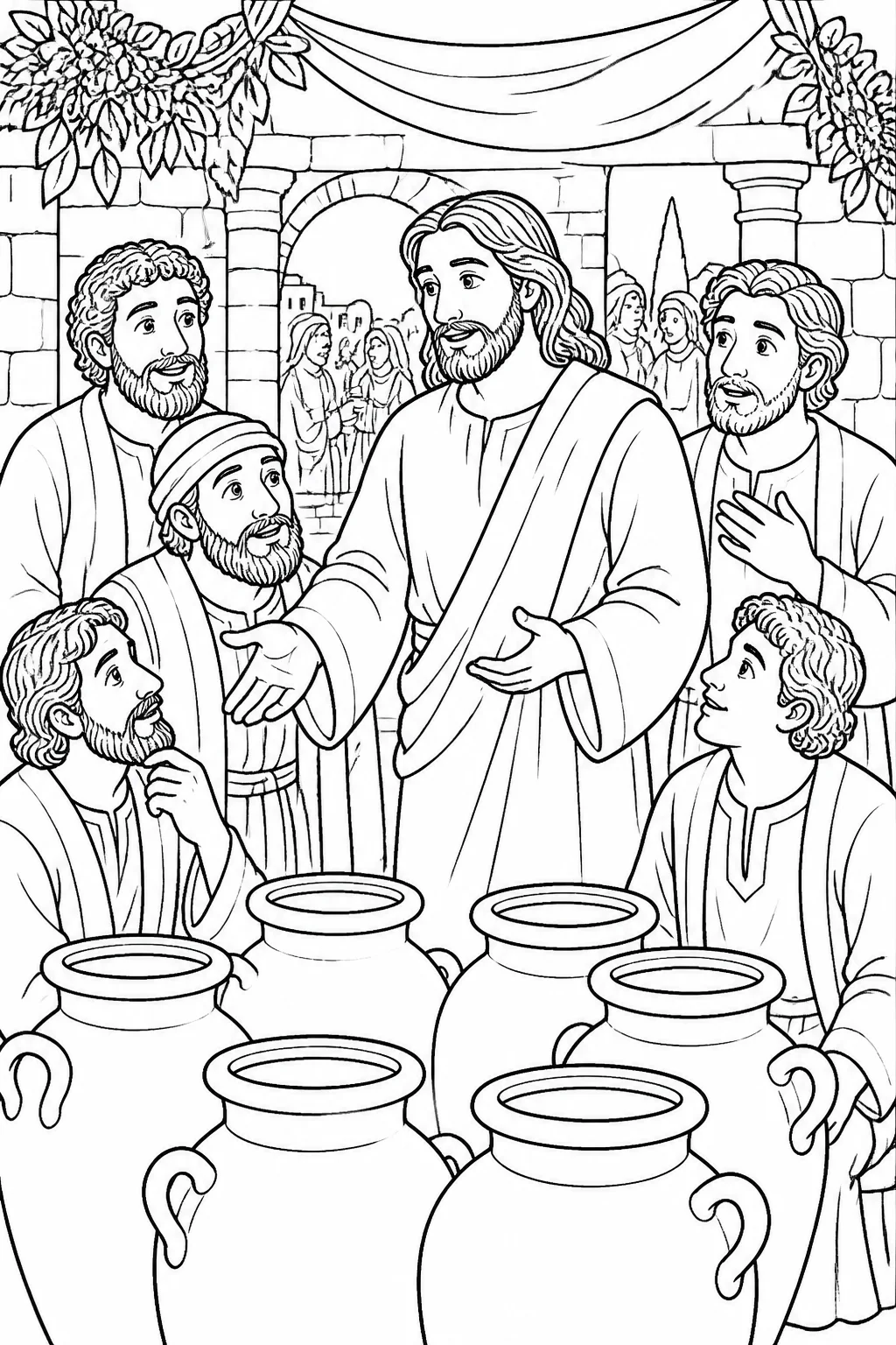 Jesus and several disciples near stone water jars at a wedding in Cana, representing the disciples’ growing belief after Jesus’ first sign.