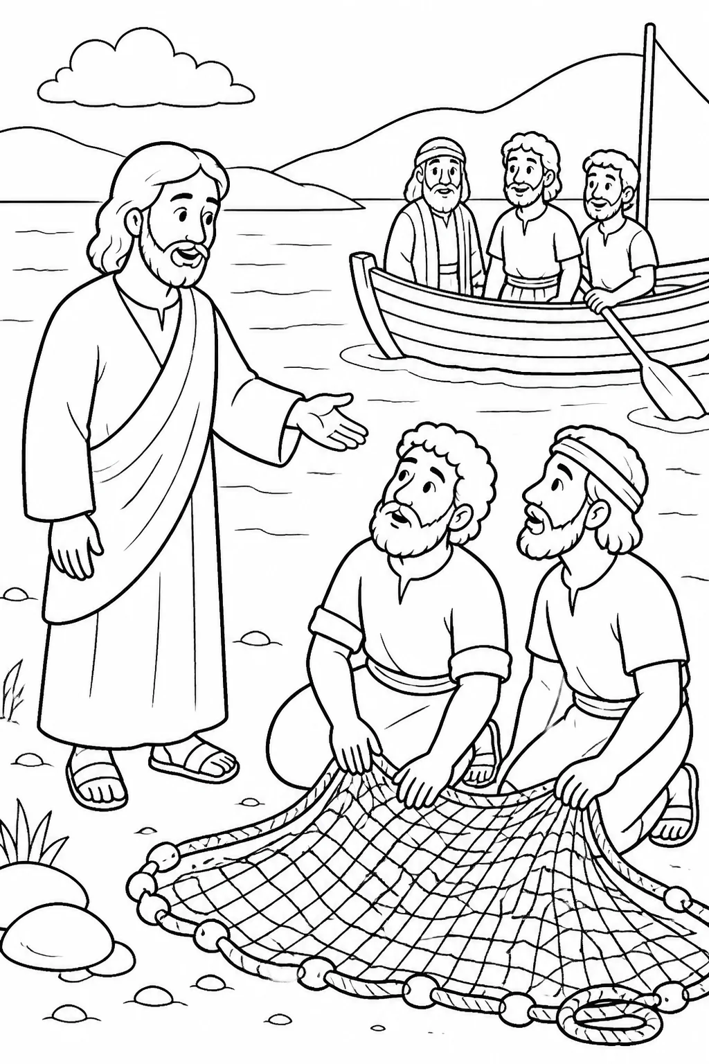 Jesus calls Simon Peter and Andrew beside a fishing net at the Sea of Galilee while James and John are in a boat with Zebedee.