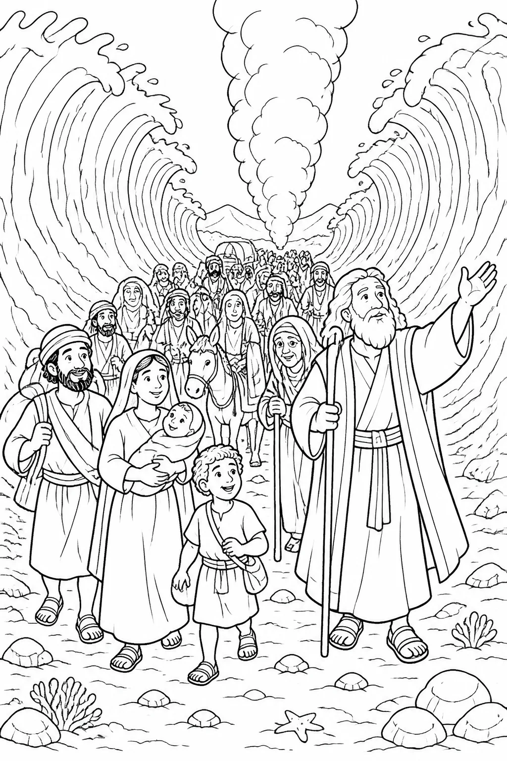 The Israelites crossing the Red Sea on dry ground between walls of water, with Moses and the pillar of cloud present.