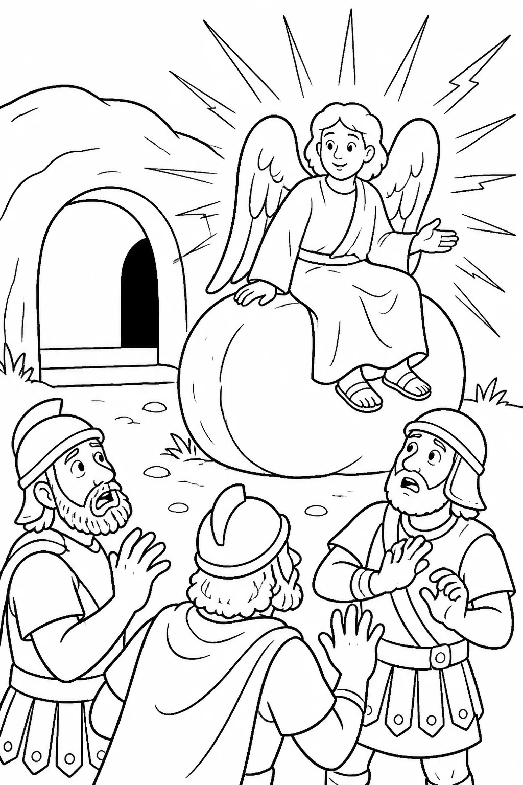 An angel of the Lord rolls back the large stone at Jesus’ tomb while guards tremble nearby, based on Matthew 28:2-4.