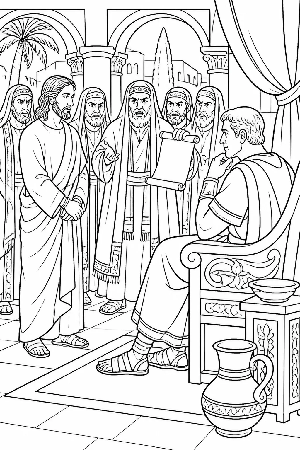 Jesus standing before Pilate while the assembly and specific accusers present the recorded accusations from Luke 23:1–5.