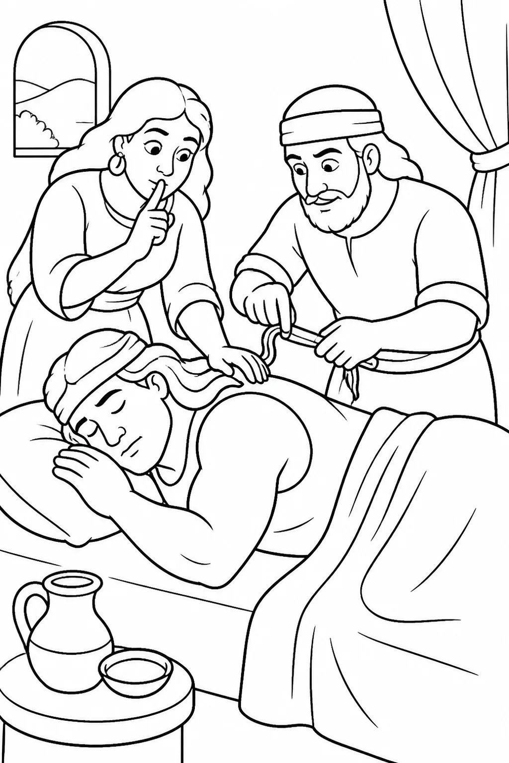 Samson asleep indoors while Delilah and a man shave his seven locks in the valley of Sorek, illustrating Judges 16:4–22.