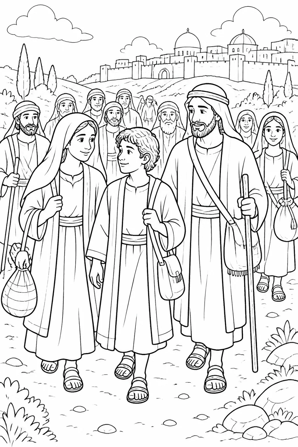 Twelve-year-old Jesus travels with Mary and Joseph among other festival travelers toward Jerusalem for Passover, with simple belongings and Jerusalem in the distance.