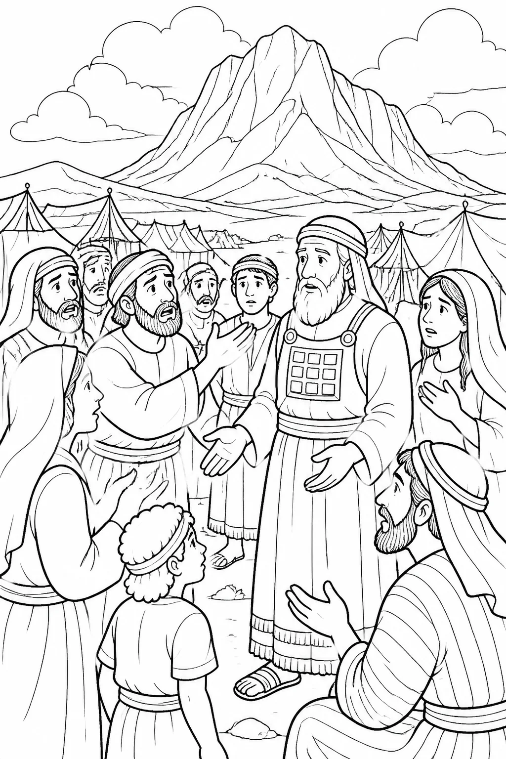 The Israelites gather around Aaron at the camp near Mount Sinai and ask him to make gods to go before them while Moses is delayed on the mountain.