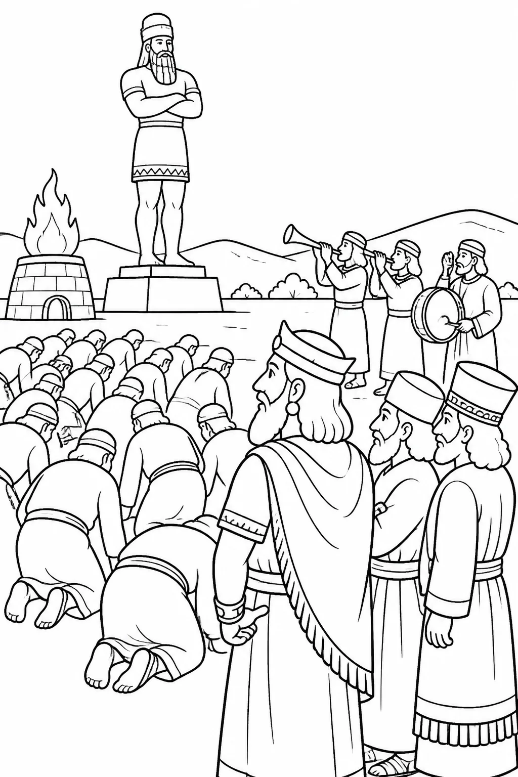 Nebuchadnezzar, officials, and assembled peoples near a large gold statue on the plain of Dura as musical instruments signal a command to bow, with some people kneeling and others standing.