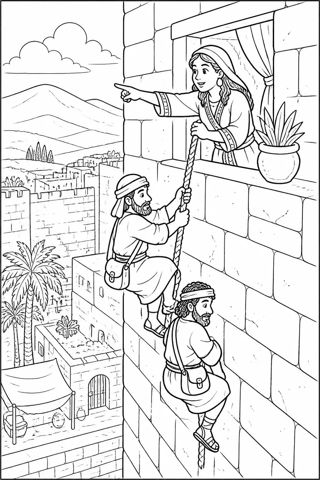 Rahab helps two unnamed Israelite spies descend by a rope through her window in Jericho’s wall and points toward the hills.