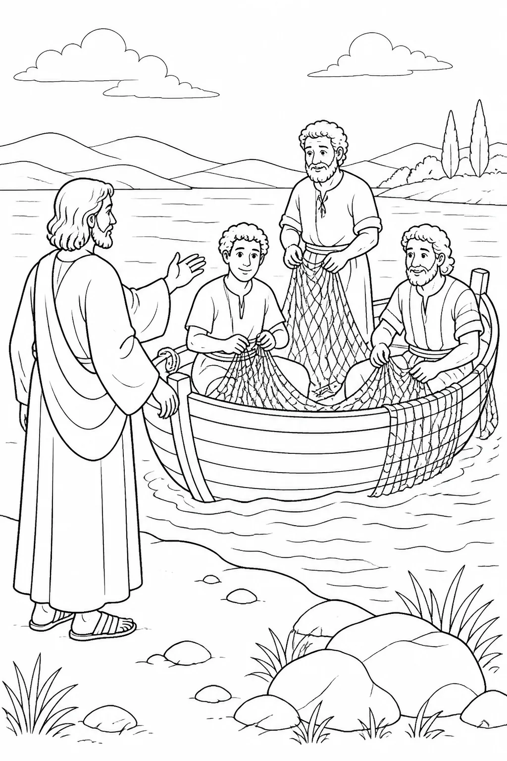 Jesus sees James and John mending fishing nets in a boat with their father Zebedee near the Sea of Galilee.